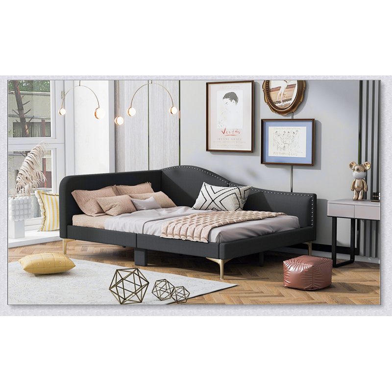 Lit de jour rembourré avec tête de lit et accoudoirs, pieds de soutien, Complet/Double, Gris