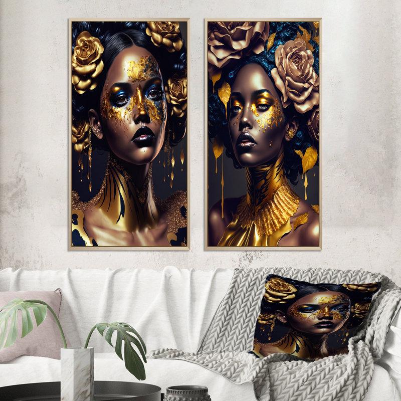 «Gold and Black Floral Woman V», 2 pièces sur toile, Encadrement brun, H 40 po x l 40 po