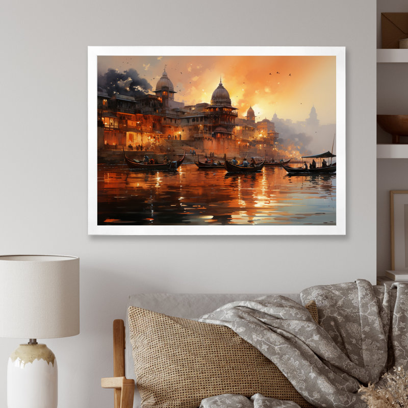Indian Art Sunset At - Art mural indien, H 12 po x l 20 po x P 1 po, Cadre simple blanc