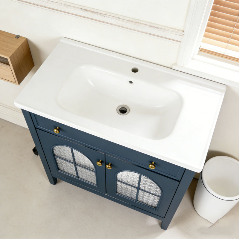 Armoire de salle de bain 35,6 po, Bleu + armoire seulement + 2 portes