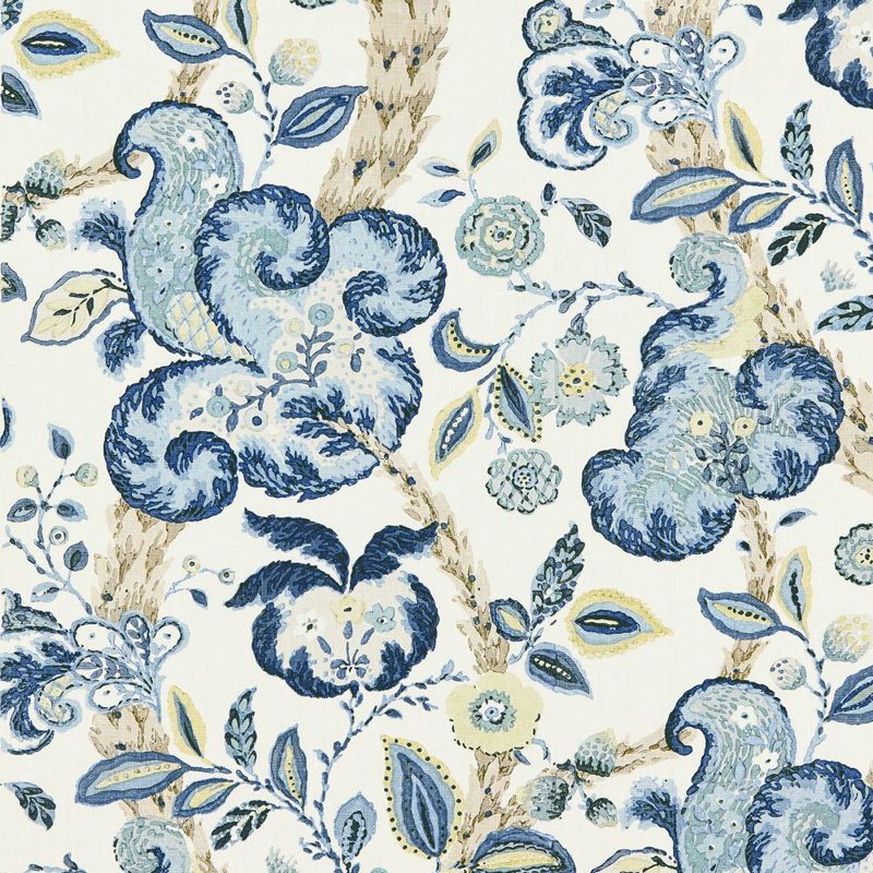 La Boheme Cumbria Hand Block Print Fabric, China Blue/Ivory