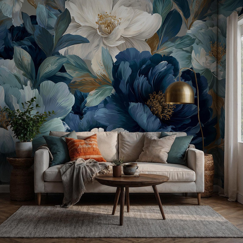 Murale bleue pelez et collez à motif floral | Papier peint bohème foncé pivoine | Décoration murale amovible de taille personnalisée