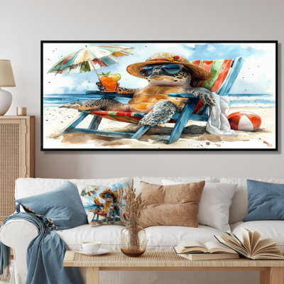 Turtle On The Beach Relaxing - Coastal Animal Wall Art Living Room