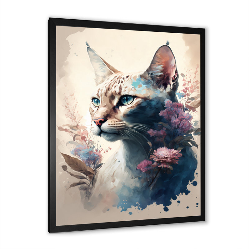 «Cute Siamese FloralII», peinture sur toile, Cadre photo noir, H 20 po x l 12 po x P 1 po