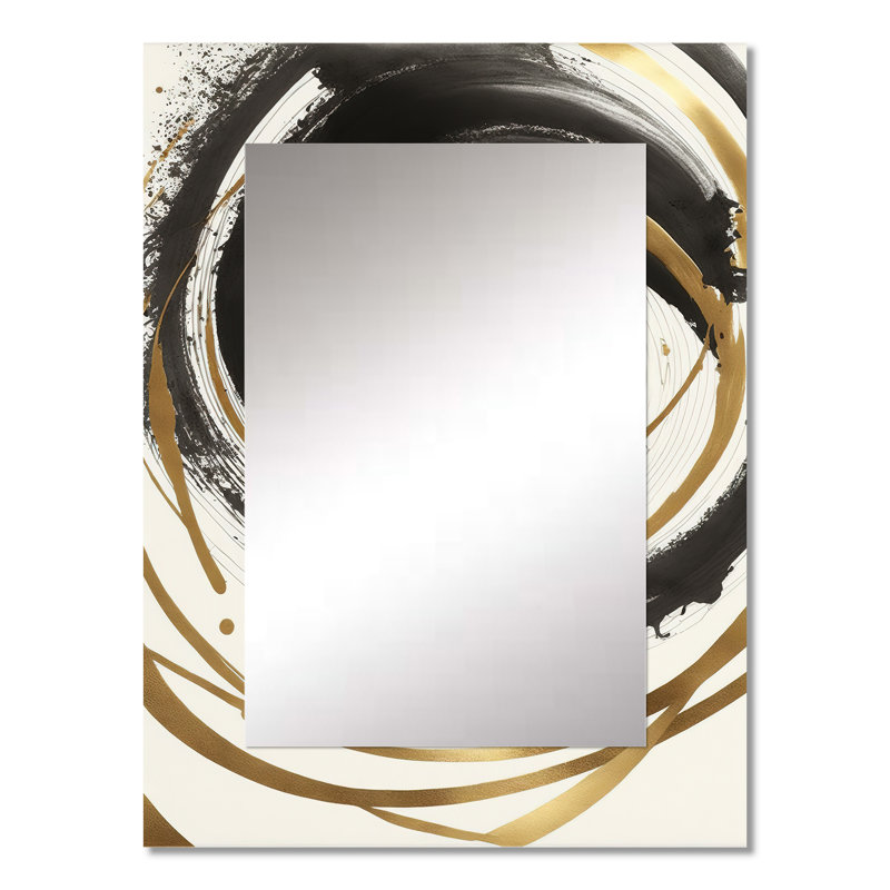 «Black and Gold Curves III - Abstract Spirals», miroir mural noir, 32 po x 24 po