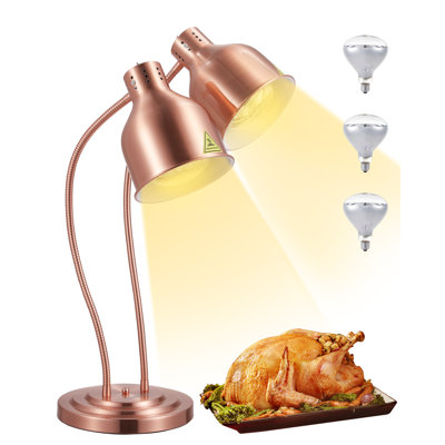 Lampe chauffante commerciale à 2 têtes avec bras col-de-cygne flexibles à 360 °, interrupteurs indépendants, ampoule de chauffage supplémentaire incluse, chauffe-aliments à pince pour restauration et restaurants, argent