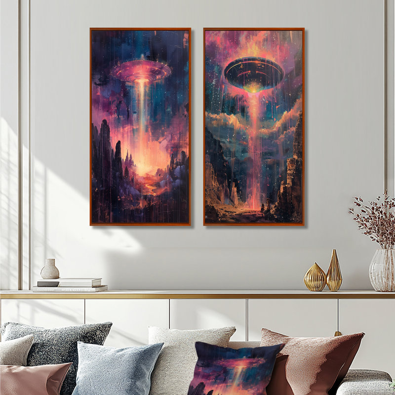 Ensemble de 2 pièces d'art mural Ufos I - Ufos rose et bleu interstellaire, H 32 po x l 32 po, Brun, Impression encadrée