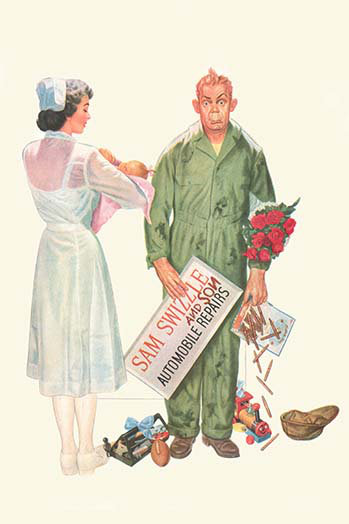 «Sam Swizzle and Son Automar Repairs» par Bradley, reproduction d'art, H 36 po x l 24 po x P 1,5 po