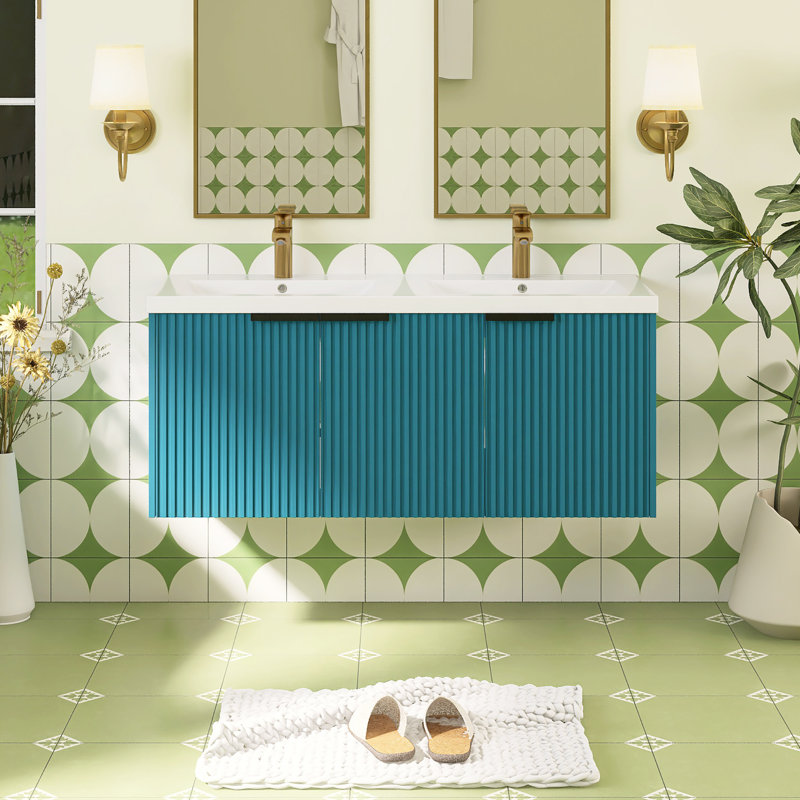Ensemble de meuble-lavabo mural 47,6 po avec plateau en résine, Bleu