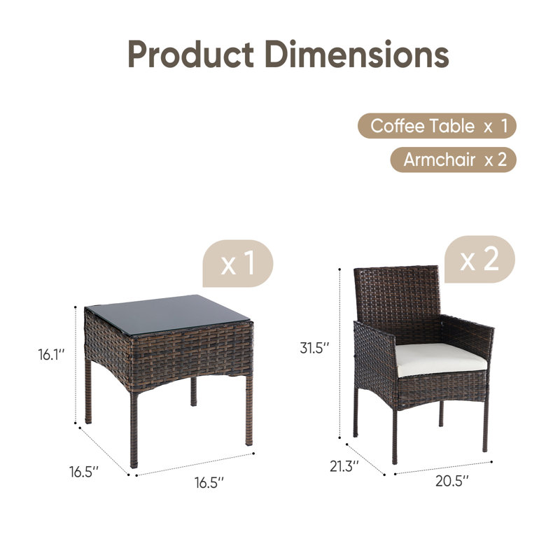 Ensemble de conversation d'extérieur en osier pour 2 personnes avec coussins, Brown