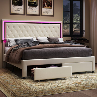 
Gerasim Bed Frame with Two Storage Drawers & LED Headboard Acrylic Mirrored,Velvet Upholstered Platform Bed