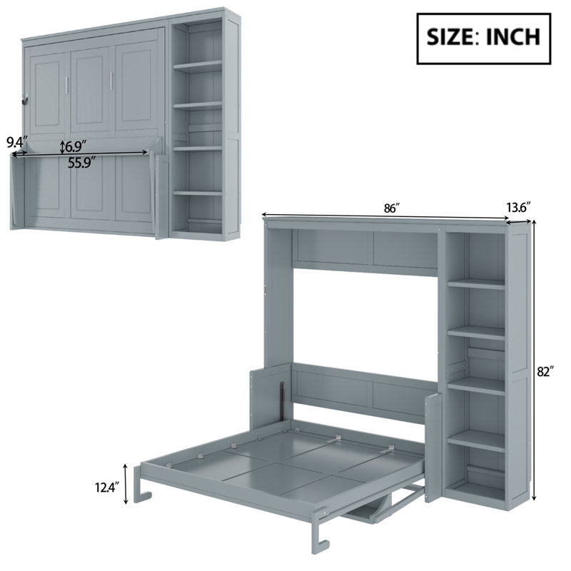 Lit escamotable avec bureau et bibliothèque Murphy, Grey, Full