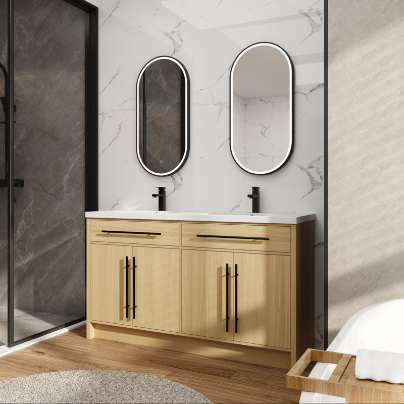 Meuble-lavabo autoportant de 60 po avec lavabo en résine et rangement à fermeture en douceur, 60"