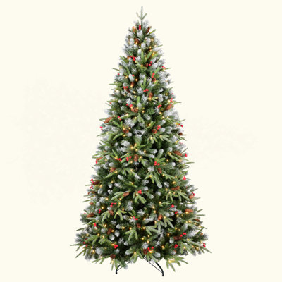 Arbre de Noël avec 600 lumières DEL blanc chaud - 2850 branches en PE + PVC, baies rouges et pommes de pin, conception à charnières, support en métal stable - décoration de Noël réaliste
