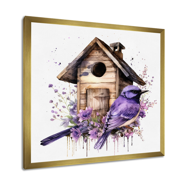 «Purple Lavender Birdhouse I», reproduction sur toile, H 36 po x l 36 po x P 1,5 po, Cadre flottant doré