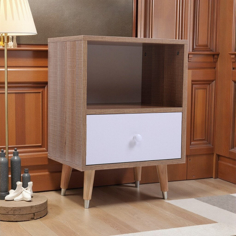Bedside Table with Drawer and Storage Shelf, Compact Nightstand, Pine Wood Legs