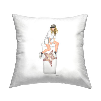 Girl Sitting Glam Coffee Cup Printed Throw Pillow Design By Ziwei Li