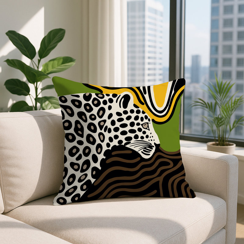 Oreiller carré réversible intérieur / extérieur Shiel Leopard, Jaune, Carré 20 po
