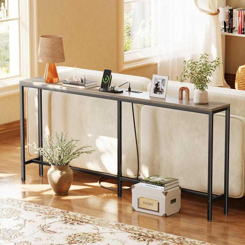 70" W Console Table with Outlet, Black, Oak Wood