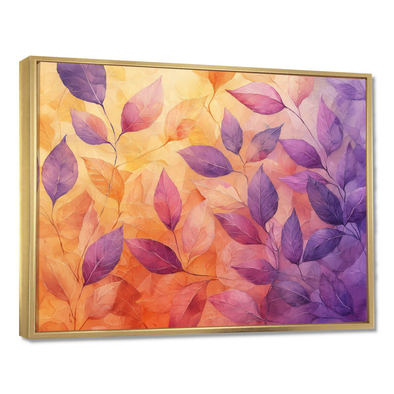 Inbar Sunset Leaves I - feuilles, art mural, H 30 po x l 40 po, Impression encadrée flottante, Doré