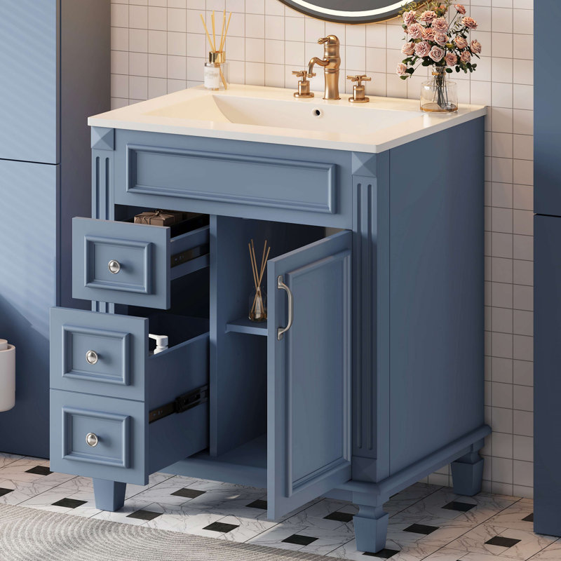 Meuble-lavabo de salle de bain avec lavabo en céramique, petite armoire de salle de bain, armoire moderne avec 2 tiroirs et tablette réglable