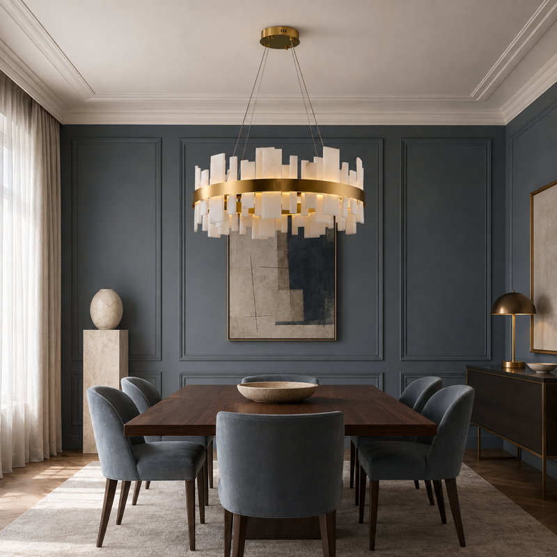 Lustre rond Correia 31,5 po en albâtre avec DEL à intensité variable pour îlot de cuisine, Laiton