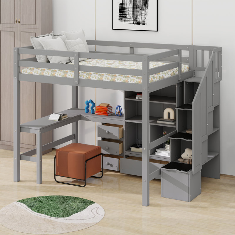 Multiple Functions Wood Loft Bed With L-Shaped Desk，Drawers, Cabinet And Storage Staircase, Gray