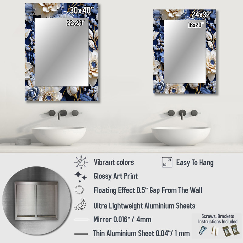 Motif victorien complexe de dentelle cobalt complexe - miroir mural floral, miroir décoratif de chalet, impression d'art en métal