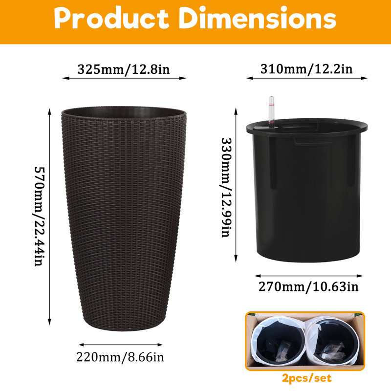 Brown Of 2 Large 22 - Inch Faux Planters With Water Level Monitor And Automatic Watering Feature For Indoor Outdoor Spaces Such As Porch Auto Use In Patio Garden