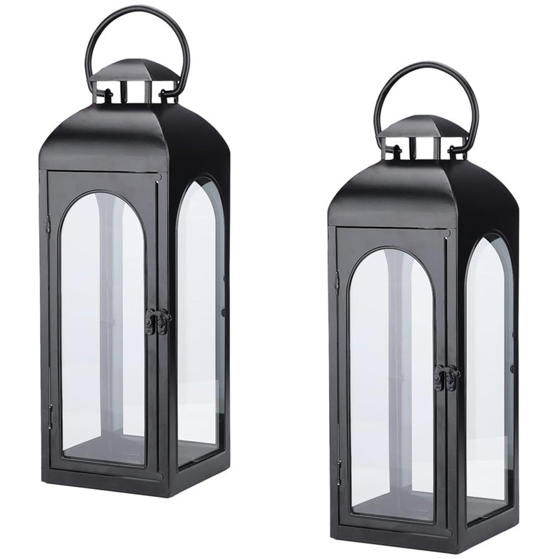Lanterne noire en métal ouragan avec panneaux en verre transparent, H 15 po x l 5 po x P 5 po, 2