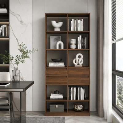 Open Cubby Bookcase with 4 Storage Drawers, Tall Freestanding Display Shelving Unit for Modern Living Spaces