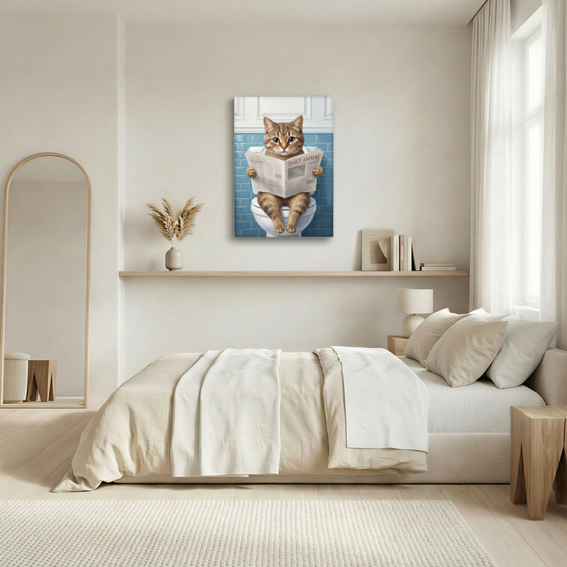 Chat lisant le journal sur les toilettes - Tableau sur toile (lot de 1), H 24 po x l 16 po