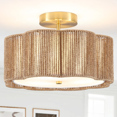3-Light 12.6" Boho Rattan Semi Flush Mount Ceiling Light, Modern Hand-Woven Light Fixture For Bedroom Nursery Kitchen Hallway And Entryway(Brown)