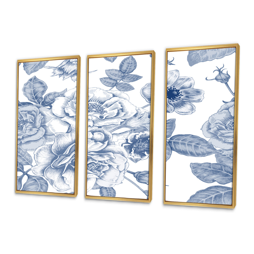 " White Vintage Flowers On Classic Blue II " 3 - Pieces Red Barrel Studio® Frame