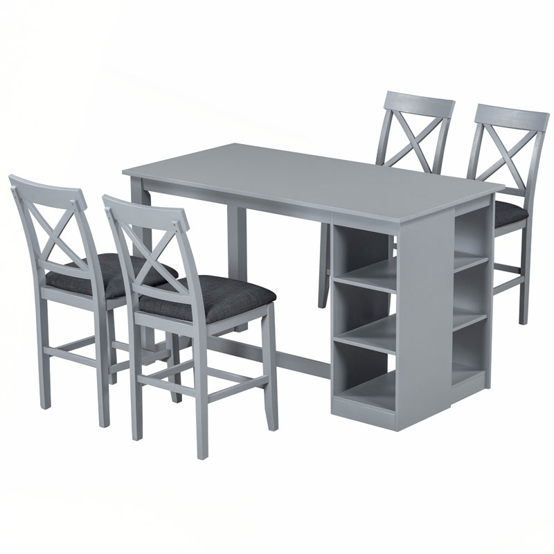 Counter Height Dining Table Set with 3-Tier Storage Shelves, Dark Grey, Grey, Grey