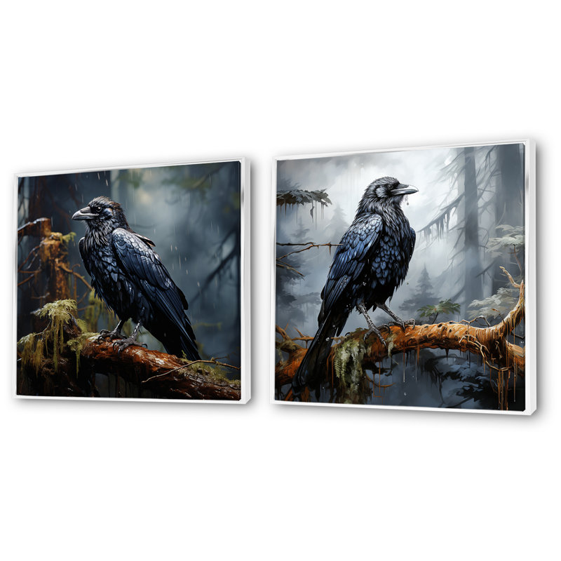 «Black Raven Forest Guardian I», ensemble de 2 reproductions d'art mural Raven, Cadre flottant blanc