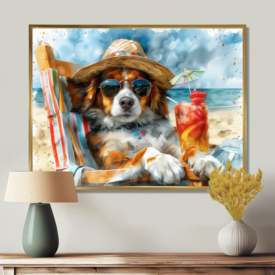 Bouvier bernois avec un cocktail sur la plage