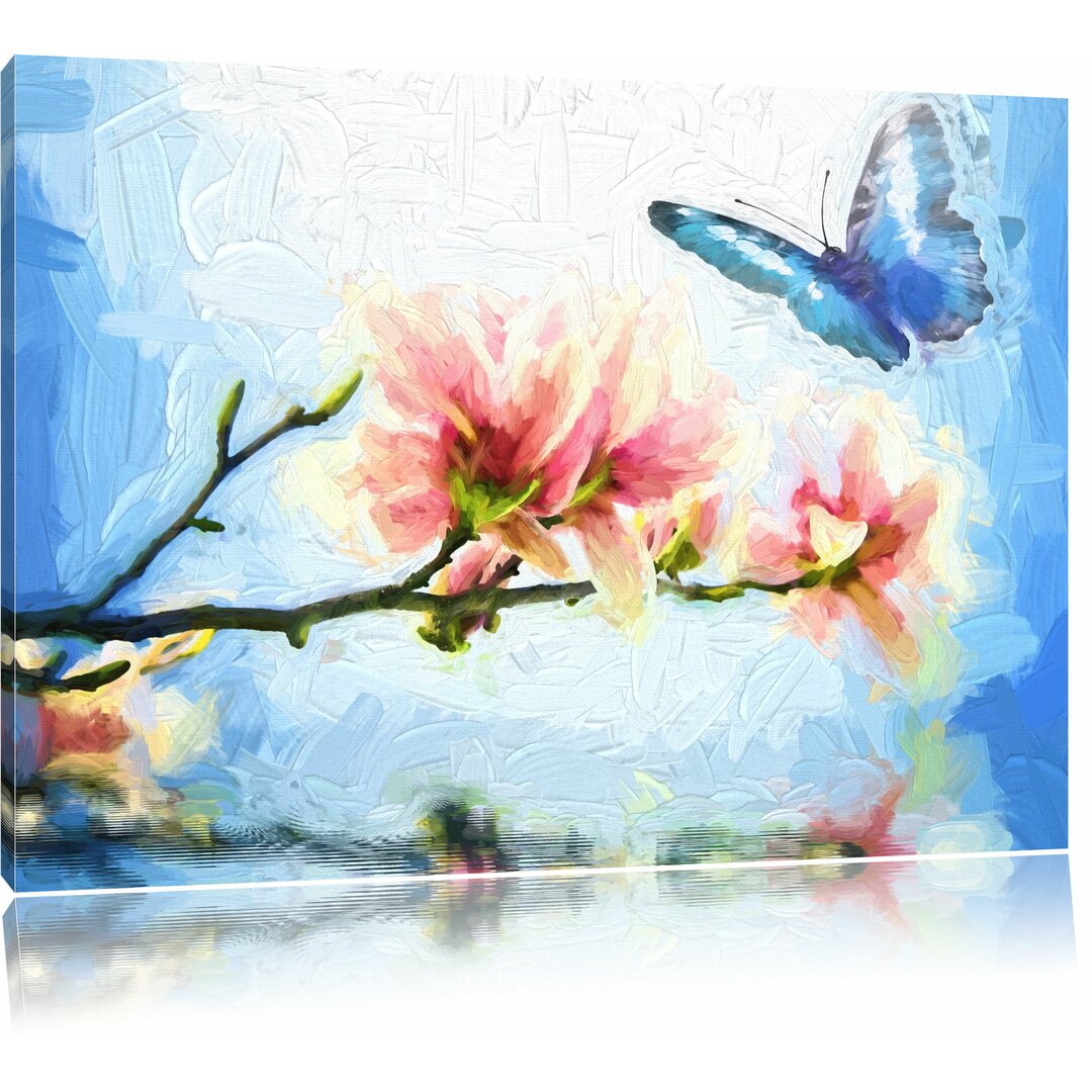 Leinwandbild "Blauer Schmetterling mit Magnolien-Blüte", Grafikdruck