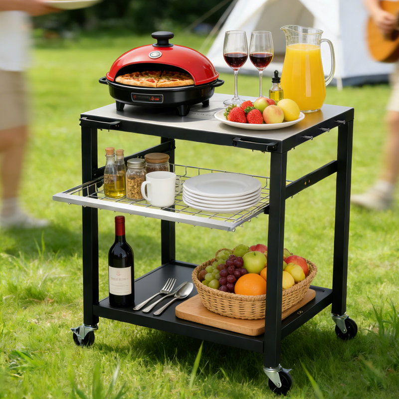 30''x 24'' Outdoor Pizza Oven Table, Stainless Steel Prep Table Cart with Wheels, 3-Tier Grill Cart for BBQ & Outdoor Kitchen