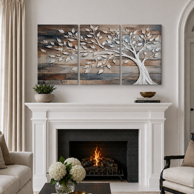 "Rustic White Tree Branch", photos de salon, impression sur toile encadrée, 3 pièces, H 24 po x l 48 po x P 1,5 po