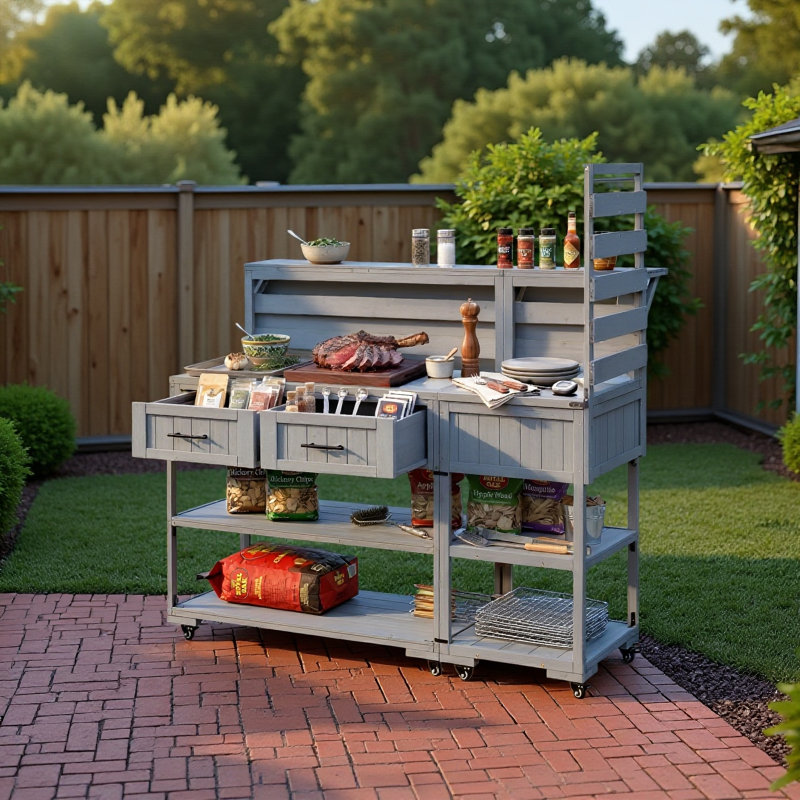 Table de préparation pour barbecue 62,3 "avec barbecue et armoire de rangement, gris, Gris