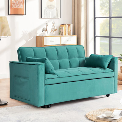 Blue Modern Velvet 3 In 1 Bed, 55 Inches For Living Bedroom, Soft Comfortable, 2 Seat, Sponge Filled, Wood-Based Panel Bed Inches, Room & 2, Metal Foot
