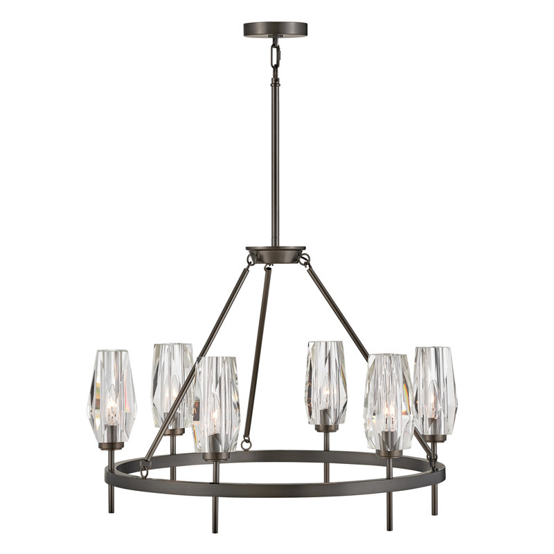 Ana 6-Light Single Tier Chandelier w/ Faceted Heavy-Cut Diamond-Shaped Crystal Shades - Black Oxide