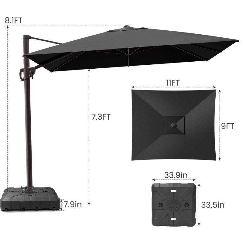 11' X 9' Rectangular Cantilever Umbrella With Weighted Base, Noir