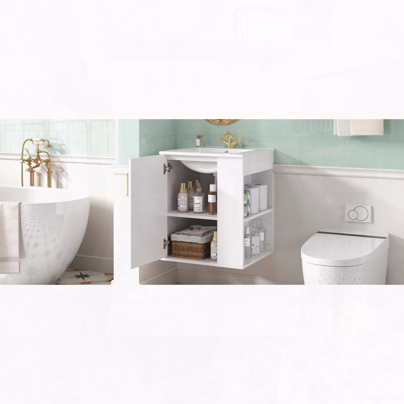 Armoire de salle de bain murale 20 po avec lavabo en céramique et tablettes latérales