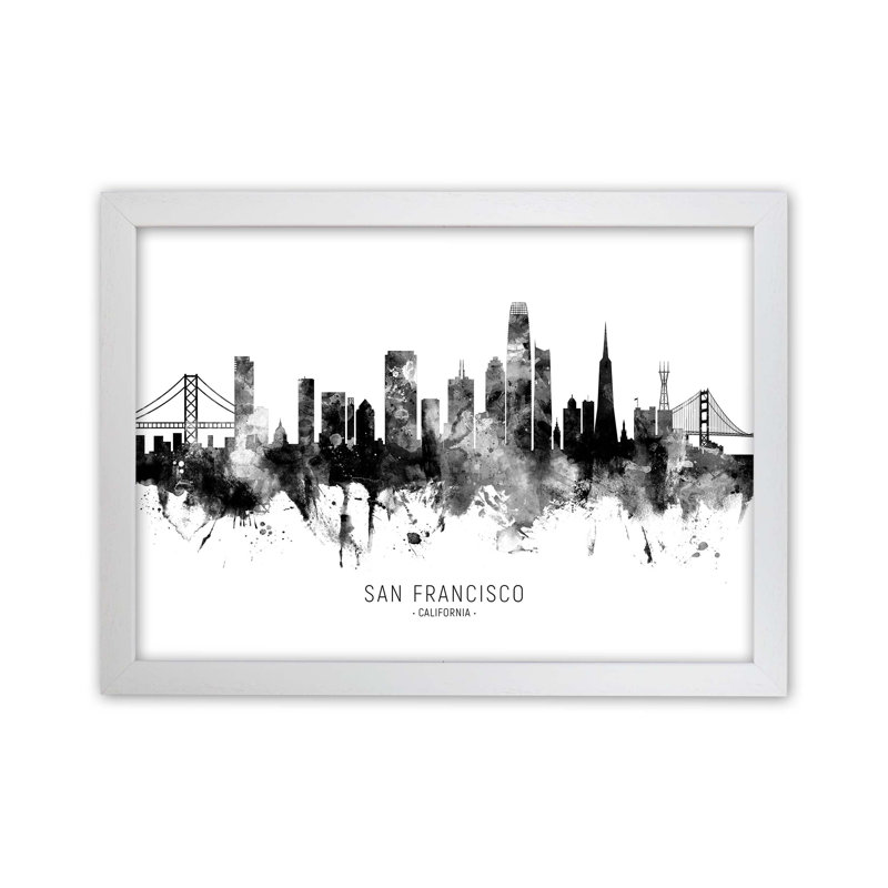San Francisco California Skyline Black White City Name by Michael Tompsett - Print, White Framed, 25cm H x 34cm W x 3cm D