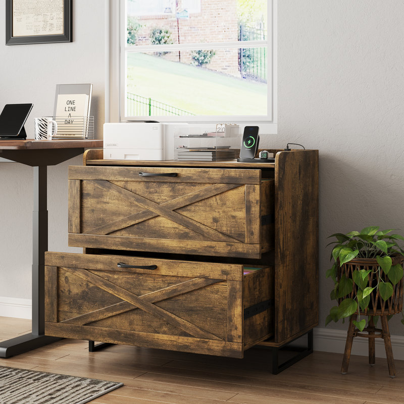 Lateral File Cabinet With Charging Station, Brown