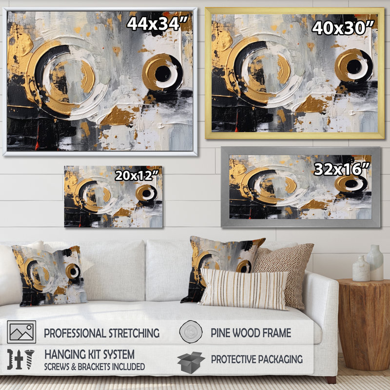 " Gold Black Multifaceted Whirls ", Gold Single Picture Framed, 24" H x 32" W x 1" D
