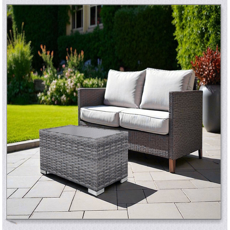Table d'appoint à lattes mixtes grises avec plateau en aluminium - entièrement assemblée, durable et élégante pour une utilisation extérieure