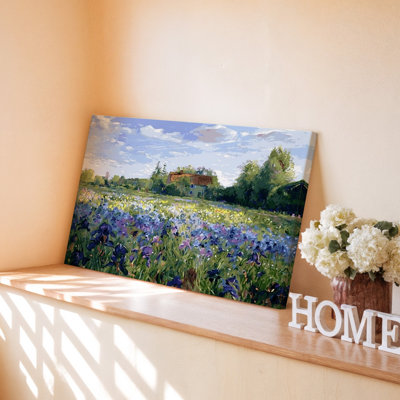 Paysage bleu mauve champ de fleurs avec arbres et chalet, reproduction d'art sur toile pour le salon, la chambre à coucher, le bureau, le couloir, le vestibule, le mur de la galerie et la décoration intérieure moderne